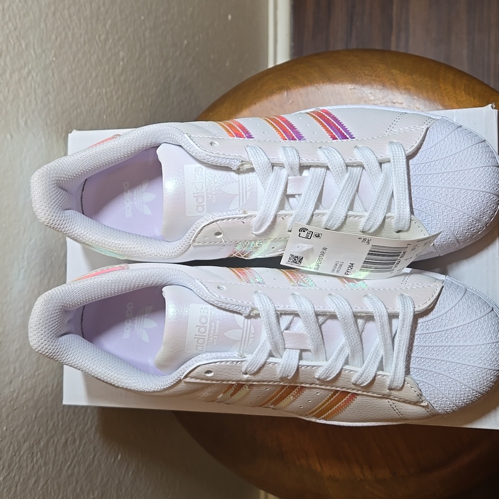 NIB, Adidas Superstar Sneakers, White Iridescent, Womens Size 7.5 - Picture 2 of 11